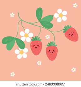 Illustration with handwritten cute strawberry flowers. cute flower wallpapers, backgrounds and cards