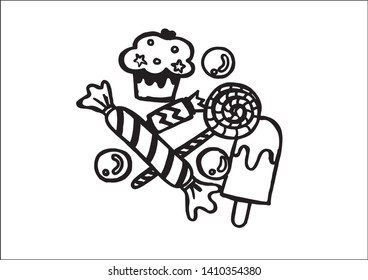 Illustration, handwritten drawings about dessert, Candy candies on Christmas Day.