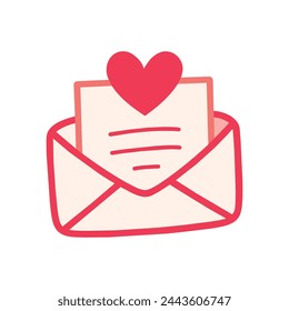 An illustration of a handwritten letter with a heart outline, conveying love and affection. Envelope email icon isolated on background.