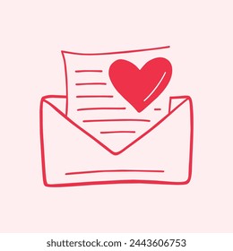 An illustration of a handwritten letter with a heart outline, conveying love and affection. Envelope email icon isolated on background.