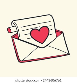 An illustration of a handwritten letter with a heart outline, conveying love and affection. Envelope email icon isolated on background.