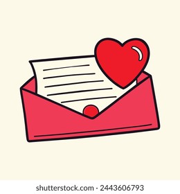 An illustration of a handwritten letter with a heart outline, conveying love and affection. Envelope email icon isolated on background.