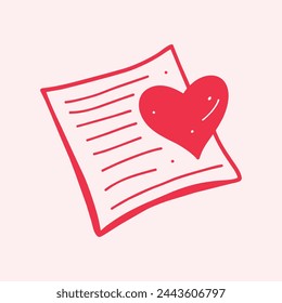 An illustration of a handwritten letter with a heart outline, conveying love and affection. Envelope email icon isolated on background.