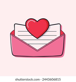 An illustration of a handwritten letter with a heart outline, conveying love and affection. Envelope email icon isolated on background.