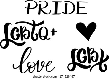 Illustration handwritten word LGBT, Pride and love lettering. Doodle hand drawn heart element symbol of love. Love diversity, LGBTQ relationships concept. Vector isolated on white background.