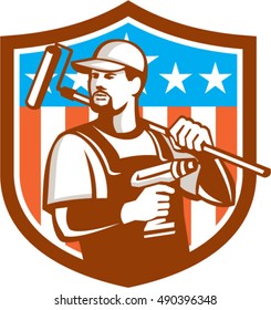 Illustration of a handyman with beard moustache facial hair holding paint roller on shoulder and cordless drill looking to the side set inside oval with stars and the word Handyman in retro style. 