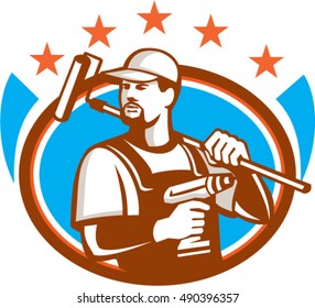 Illustration of a handyman with beard moustache facial hair holding paint roller on shoulder and cordless drill looking to the side set inside oval shape with stars isolated background retro style. 