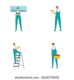 Ilustração de pegas em vários poses, com ferramentas para trabalhos de reparação e manutenção