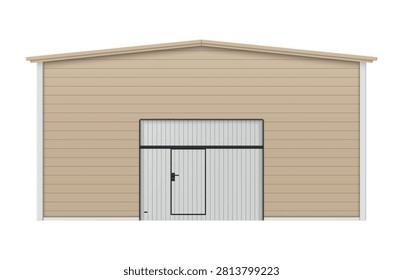 An illustration of a hangar made of sandwich panels. The structure features large access doors and provides space for various activities.