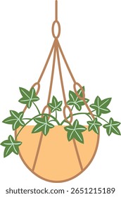 Ilustração de uma cesta suspensa preenchida com hera verde vibrante, mostrando um design botânico simples, mas elegante. Perfeito para entusiastas de jardinagem e decoração inspirada na natureza