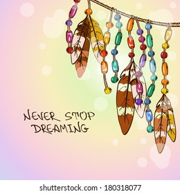 Illustration with hanging bird feathers and colorful bijouterie