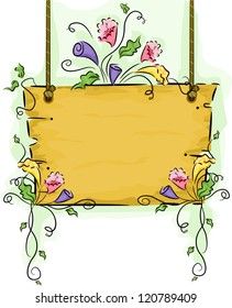 Illustration of Hanging Blank Wooden Signboard with Flower Vines