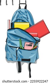 Illustration hanging blue bag school with yellow,red paper vector design