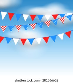 Illustration Hanging Bunting Pennants in National American Colors for Holidays, Blue Sky with Clouds - Vector