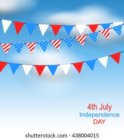 Illustration Hanging Bunting Pennants in National American Colors for Independence Day of USA, Blue Sky with Clouds - Vector