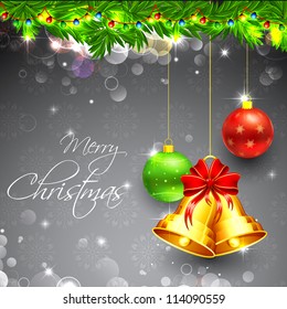 illustration hanging christmas bell and bauble on abstract background