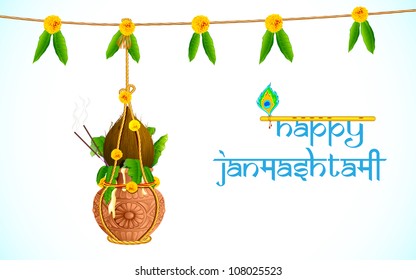 illustration of hanging dahi handi on Janmashtami background