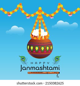 Illustration hängender Dahi handi auf Janmashtami-Hintergrund