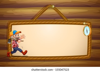 Illustration of a hanging empty template with a smiling lumberjack