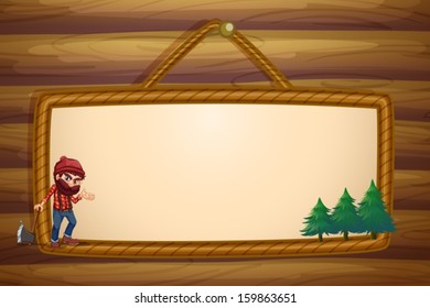 Illustration of a hanging frame with a lumberjack and three pine trees