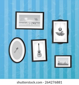 Illustration of hanging frames with pictures on a colorful background.