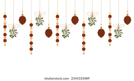 Illustration Hanging Garland Pine Cones, bead decoration and Mistletoe by strings on a white background. Christmas handmade baubles pattern. Xmas ornament eco friendly style. Vector