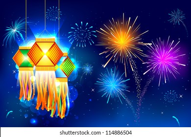 illustration of hanging kandil with firework in diwali night