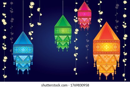 Illustration of hanging Kandil on happy Diwali Holiday background for light festival of India.