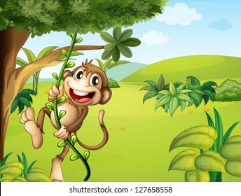 Illustration of a hanging monkey and a beautiful nature