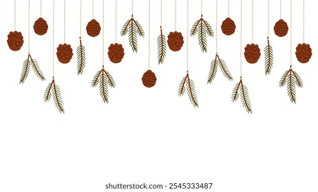 Illustration of hanging pine cones and branches by strings on a white background. Christmas natural garland. Xmas interior ornament eco friendly style. Vector