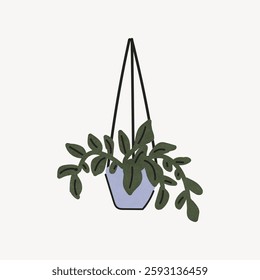 Illustration of a hanging plant in a pot with green leaves. Simple plant design with hanging pot. Minimalist hanging plant art with leafy greenery. Isolated vector illustration.