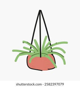 Illustration of a hanging plant in a red pot. The plant has long, green leaves. Simple, minimalist design of a hanging plant. Red pot, green leaves. Fun doodle illustration vector.