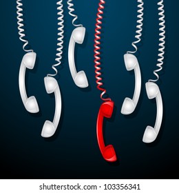 illustration of hanging red telephone receiver among white receivers