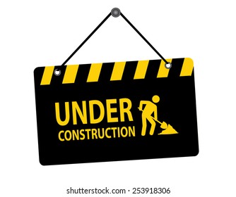 Illustration of hanging under construction notice board isolated on white background
