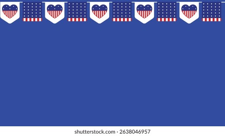 Illustration of hanging USA flags and heart-shaped patriotic symbols forming a decorative frame with blank copyspace. Perfect for Flag Day, Independence Day, and American-themed designs.