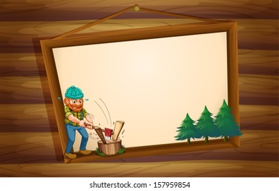 Illustration of a hanging wooden signboard with a lumberjack chopping the woods