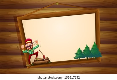 Illustration of a hanging wooden signboard with a woodman shouting