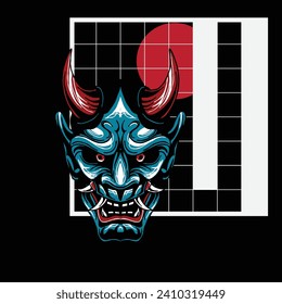 Illustration of hannya mask from japanese with geometry background drawing vector fit for clothing