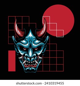 Illustration of hannya mask from japanese with geometry background drawing vector fit for clothing