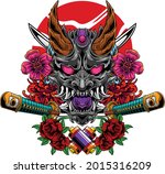Illustration of hannya mask with japanese style drawing