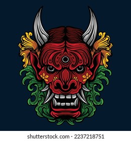 Illustration of hannya mask with japanese style drawing oni mask