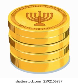 Illustration of Hanukkah Gelt Representing the Finance Industry Isolated on White Background. Hanukkah Gelt Coins Banking Concept, Jewish Holiday Gelt Currency Symbol