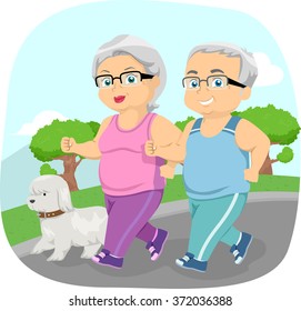 Illustration of a Happily Married Senior Citizen Taking Their Dog for a Walk