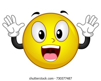 Illustration of a Happily Surprised Smiley Mascot with Its Hands Up