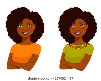 Illustration einer glücklichen Afroamerikanerin, die mit den überkreuzten Armen lächelte. Gewissene schwarze Frau mit natürlichem Haar, Cartoon-Charakter. Vektor eps file.