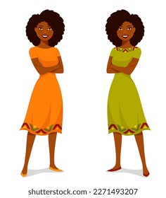 ilustración de una mujer afroamericana feliz, sonriendo con los brazos cruzados, usando un vestido naranja o verde. Mujer negra de confianza con pelo natural, personaje de caricatura. Archivo de vectores.