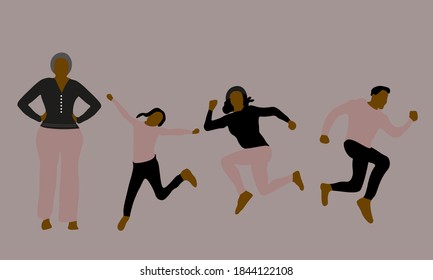 Illustration of happy african family with grandmum jumping.