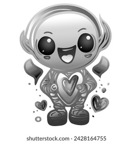 Illustration of happy alien figure with a heart.