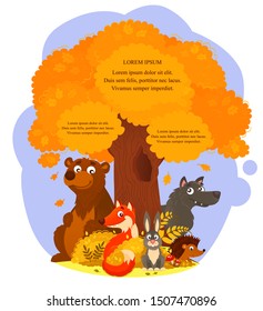 Illustration of happy animal friends in the woods. Fox, here, wolf, bear, hedgehog in its own habitat. Children illustration of animals in autumn season. 