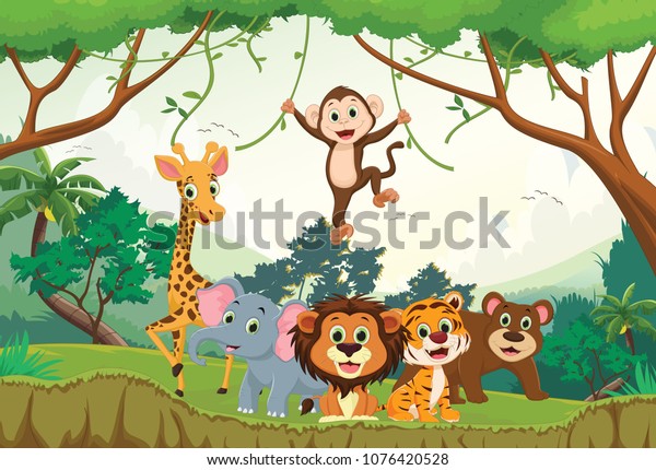 Illustration Happy Animal Jungle Stock Vector (Royalty Free) 1076420528 ...